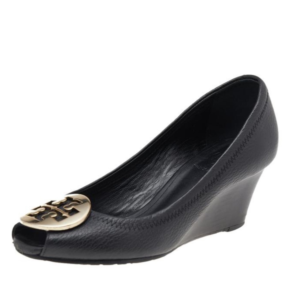 Tory Burch Open Toe Black Pebbled Leather Sally 2 Wedge